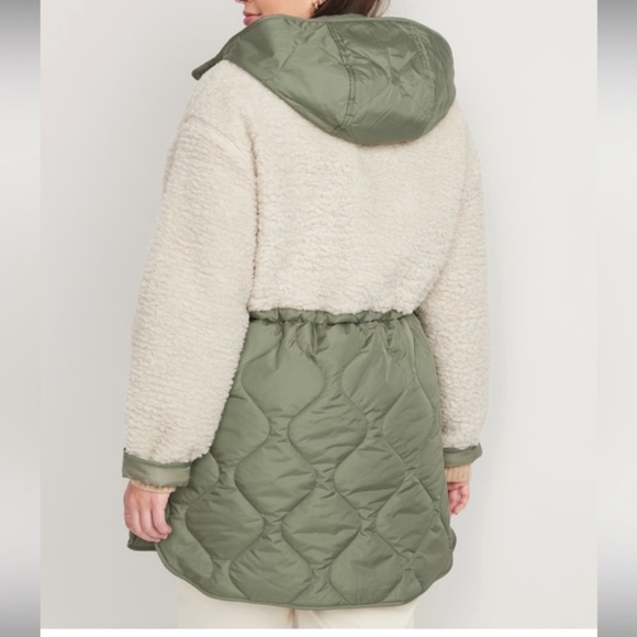 Hooded Sherpa Quilted Hybrid Coat Old Navy green ivory medium Tall MT - Picture 4 of 10
